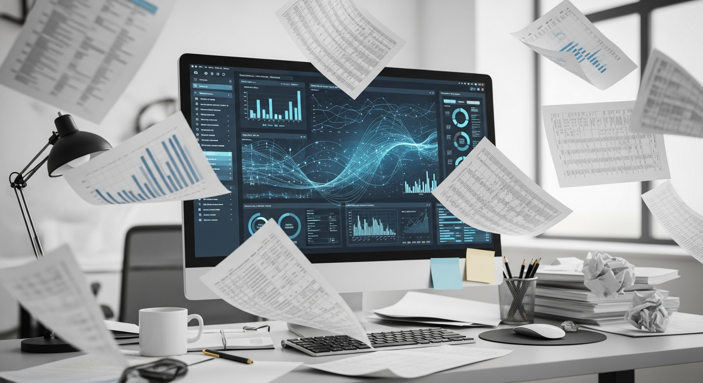 Messy office desk with papers and spreadsheets flying around while computer organizes data digitally